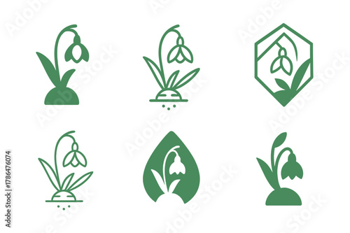 Spring Bulb Logos. Planting bulbs for spring. Set Logo of Planting bulbs for spring: Snowdrop. harmonious logo variations of the same emblematic concept, each