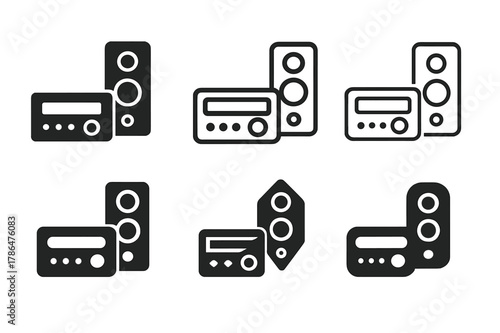 Home Theater Icons. Installing a new home theater sound system. Set Logo of Installing a new home theater sound system: receiver unit knobs. Icon