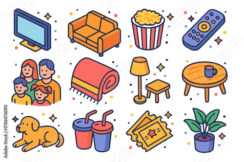 Family Fun Icons. Family entertainment. Colorful isometric vector icons set of family entertainment: TV, sofa, popcorn, remote control, family, blanket, floor