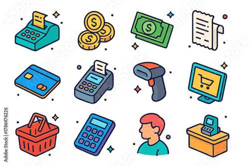Isometric Payment Icons. Payment processing. Colorful isometric vector icons set of payment processing: cash register, coins, dollar bills, receipt, credit