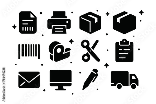 Shipping Icons Set. Shipping Operations. Solid icons set of Shipping Operations: shipping label, printer, package, box, barcode, tape dispenser, scissors,