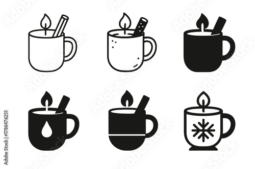 Winter Candle Logos. Winter-themed candle-making party. Icon set. Set Logo of winter candle-making: mug candle with cinnamon stick. harmonious logo variations