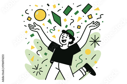 Joyful Confetti Burst. Confetti Explosion. Person tossing handfuls of confetti with floating abstract geometric shapes and glowing accents, joyful and festive