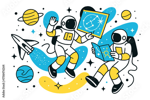 Astronauts in Cosmic Adventure. space exploration. Astronauts floating in zero gravity, stars and planets surrounding them, a sense of adventure and discovery.