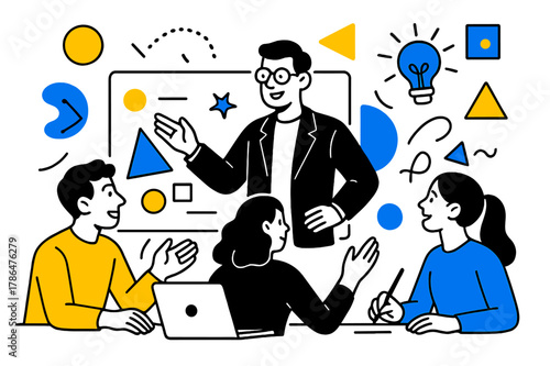 Creative Team Guidance. Team Leaders Guiding Teams in Creative Projects. Leader standing at a digital screen guiding team members with floating abstract