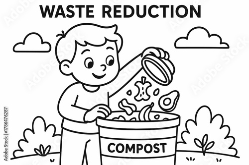 Child Composting Illustration. Waste reduction children?s coloring book illustration, outlined drawing, a picture of a child reducing waste by composting,