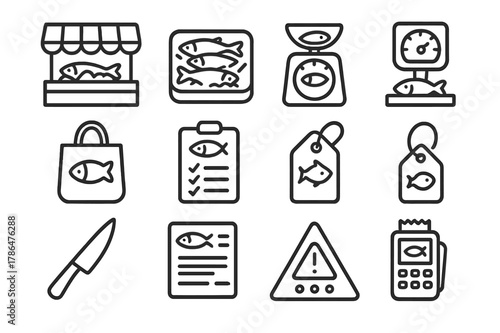 Fish Market Icons. Fish Markets and Consumers. Line icon set of Fish Markets and Consumers: market stall, iced fish display, weighing scale, reusable bag,