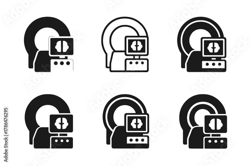 Harmonious MRI Logos. MRI machine. Set Logo of MRI machine: control console with scan monitor. Icon set. harmonious logo variations of the same emblematic