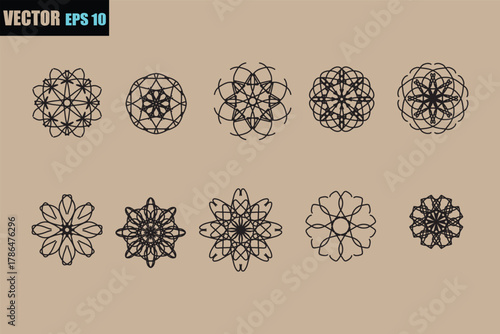 Collection of ten intricate black and white circular floral and snowflake like ornamental designs displayed on a muted brown background