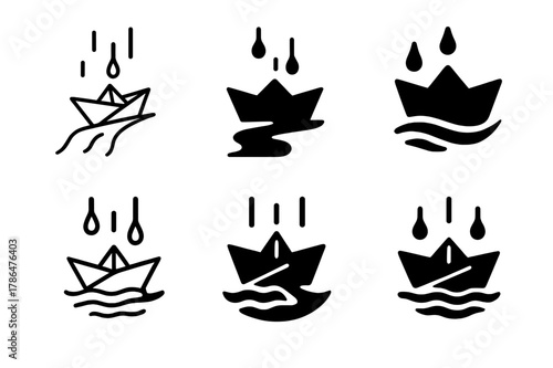 Paper Boat Logos. Rainy mood illustration. Set Logo of Rainy mood illustration: paper boat in gutter stream. Icon set. harmonious logo variations of the same