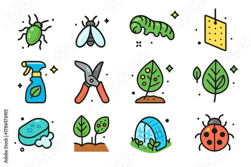 Pest Control Icons. Pest and disease control. Colorful isometric vector icons set of Pest and disease control: aphid insect, whitefly, tomato hornworm, yellow