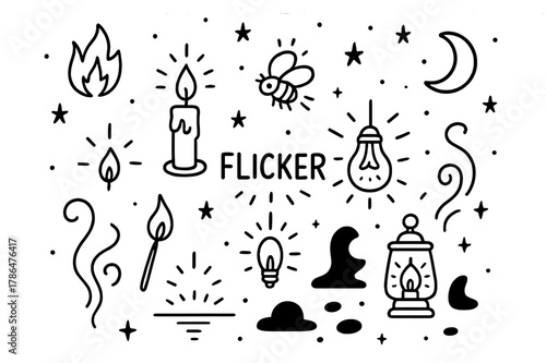 Flicker Doodle Icons. Flicker. Hand-drawn doodle illustration flicker candle flame, spark lines, firefly, matchstick, glowing bulb, lantern, shadow shapes,