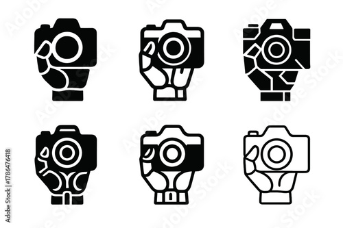 AI Realism Icons. AI realism. Set Logo of AI realism: robot hand holding camera. Icon set. harmonious logo variations of the same emblematic concept, each with