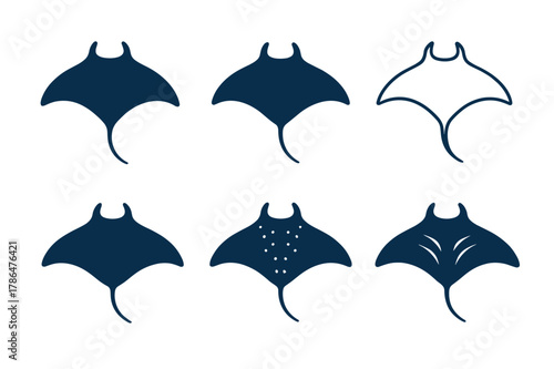 Stylized Manta Ray Logos. Aquatic life and underwater creatures. Set Logo of manta ray glider: Negative space, Filled silhouette, Minimal outline, Symmetrical