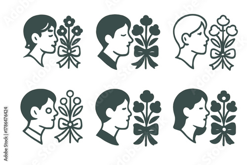 Flower Bouquet Logos. Smelling fresh flowers from a bouquet. Set Logo of Smelling fresh flowers from a bouquet: bouquet ribbon bow fluttering. Icon set.