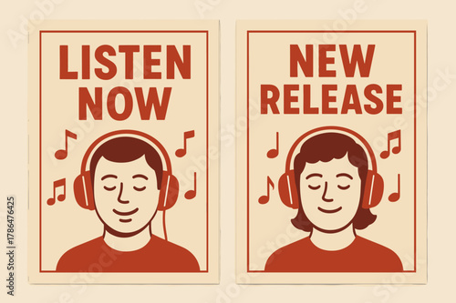 Retro Music Banners. Listeners. Two vertical A6 banners with safe margins, centered composition, no elements touching edges, retro, red and beige, music notes,
