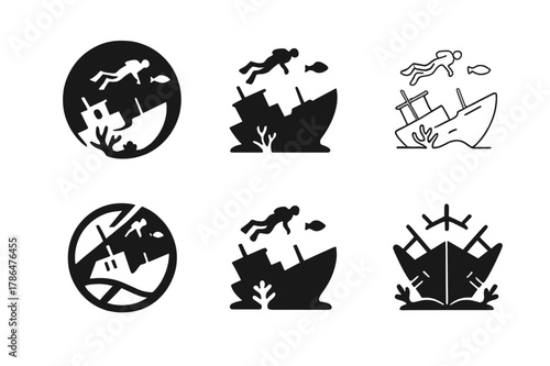 Marine Logo Variations. Underwater exploration and marine life. Icon set. Set Logo of Underwater exploration and marine life: shipwreck silhouette. harmonious