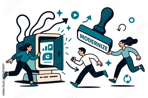 Modernizing Legacy Systems. Legacy system modernization. A retro monitor opens like a door revealing sleek apps; cables transform into clean lines. A stamp