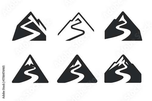 Mountain Road Logos. Mountain pass road. Set Logo of Mountain pass road: switchback hairpin. harmonious logo variations of the same emblematic concept, each