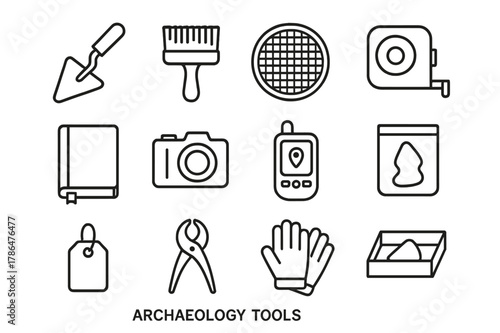 Archaeology Tools Icons. Archaeology tools for relics. Line icon set of archaeology tools: trowel, brush, sieve, measuring tape, field notebook, camera, gps