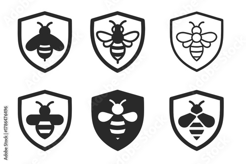 Bee Conservation Logos. Bee conservation initiatives. Icon set. Set Logo of bee conservation initiatives: pesticide-free shield with bee emblem. harmonious