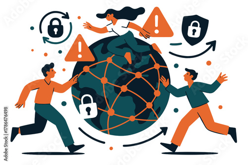 Global Data Protection. Online privacy laws and their global implications. Abstract digital globe with interconnected nodes, locks, and warning icons; conveys