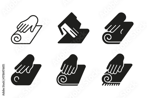 Rug Straightening Logos. Straightening a rug. Set Logo of straightening a rug: rolled-up edge being smoothed. Icon set. harmonious logo variations of the same