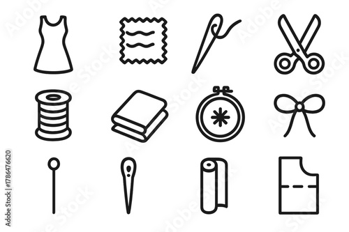 Dress Fabric Icons. Dress fabric design. Line icon set of dress fabric design: dress silhouette, organza fabric, sewing needle, thread, scissors, spool of
