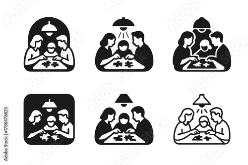 Family Puzzle Logos. A family putting together a puzzle on a cozy afternoon. Set Logo of a family putting together a puzzle on a cozy afternoon: lamp-lit table