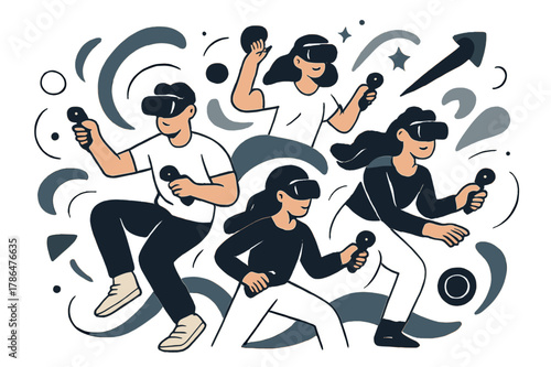 Immersive VR Gaming Experience. Virtual reality gaming. Players wearing VR headsets, controllers in hand, immersed in virtual worlds. Swirling shapes and