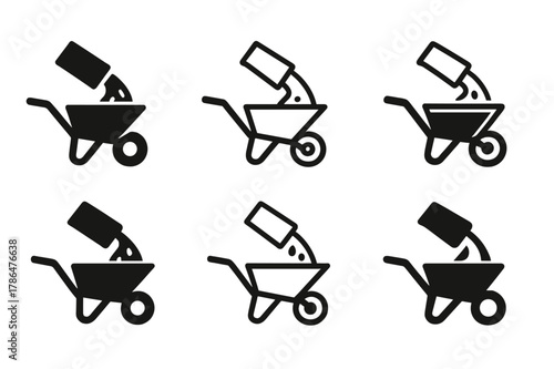 Concrete Delivery Icons. Concrete truck drivers delivering materials to sites. Set Logo of wheelbarrow receiving concrete from chute: Flat solid, Minimal