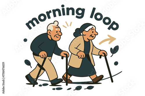 Morning Stroll. Elderly ? Neighborhood Walk. Two seniors stroll with canes along a clean path; tiny footprints and leaf icons trail behind. Caption ?morning