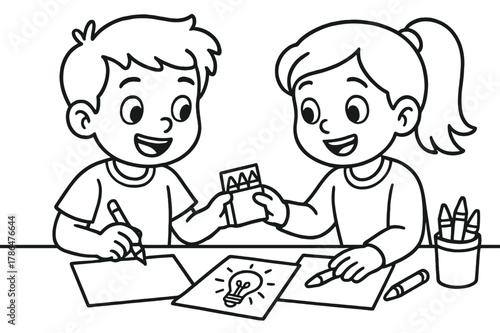 Friends Sharing Creativity. collaboration children?s coloring book illustration, outlined drawing, two friends sharing ideas and materials, educational design
