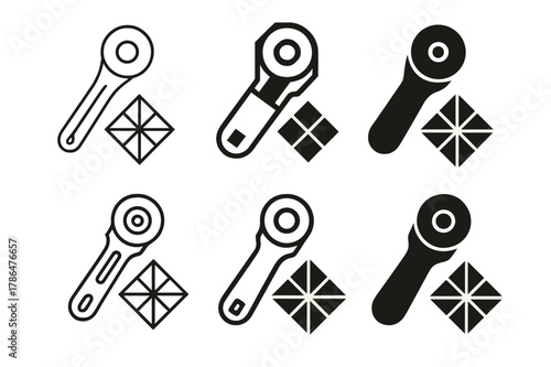 Sewing Logo Variations. Sewing and quilting projects. Set Logo of Sewing and quilting projects: rotary fabric cutter. Icon set. harmonious logo variations of