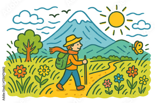 Colorful Mountain Scene. mountain field. Colorful Hand-drawn doodle Children illustration mountain field person, tall grass, wind, distant mountain, clouds,