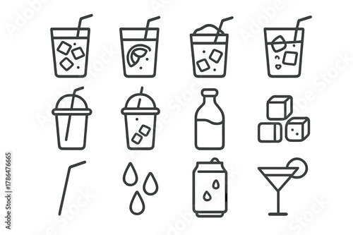 Cold Drinks Icons. Cold Drinks. Line icon set of Cold Drinks: iced coffee, iced tea, lemonade, cola with ice, smoothie, slushie cup, cold brew bottle, ice