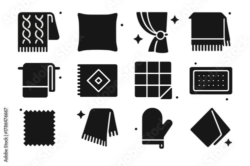 Homey Textile Icons. Homey Textiles. Solid icons set of Homey Textiles: knitted blanket, cushion, curtain tieback, table runner, bath towel, rug, quilt,