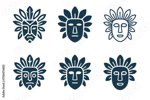 Ceremonial Mask Variations. ceremonial masks. Set Logo of ceremonial masks: shamanic feathered ritual mask. Icon set. harmonious logo variations of the same