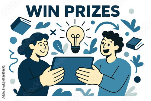 Innovative Creativity Unleashed. WIN PRIZES. Floating books, hands holding tablet, lightbulb glowing, abstract shapes around, inspiration and innovation at