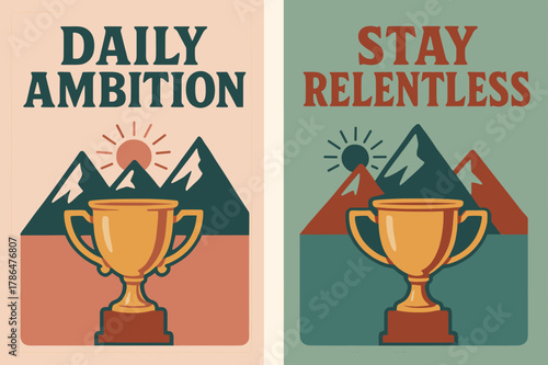 Retro Motivational Banners. Daily ambition. Two vertical A6 banners with safe margins, centered composition, no elements touching edges, retro, pink and teal,