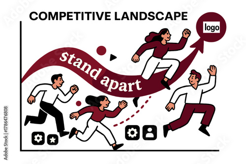Competitive Advantage Visualized. Pitch Deck ? Competitive Landscape. A graph positions your logo at a high corner; small icons represent rivals below. Ribbon