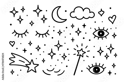 Whimsical Night Doodles. Twinkle. Hand-drawn doodle illustration twinkle stars, sparkles, crescent moon, eyelashes, blinking eyes, shooting star, wand, glitter