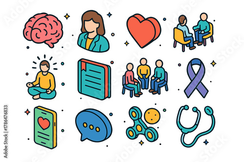 Psychological Well-being Icons. Psychological well-being. Colorful isometric vector icons set of psychological well-being: brain, therapist, heart, counseling