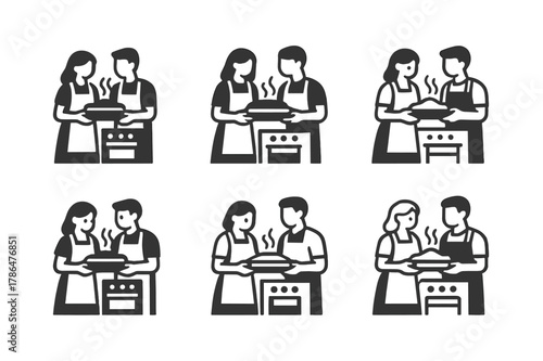 Couples Cooking Logos. Couples cooking together in the kitchen. Set Logo of couples cooking together in the kitchen: couple holding baking tray fresh from