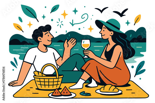 Lakeside Picnic Bliss. A couple having a picnic by the lake, relaxing and enjoying the outdoors. Couple sitting on blanket by serene lake with basket and food;