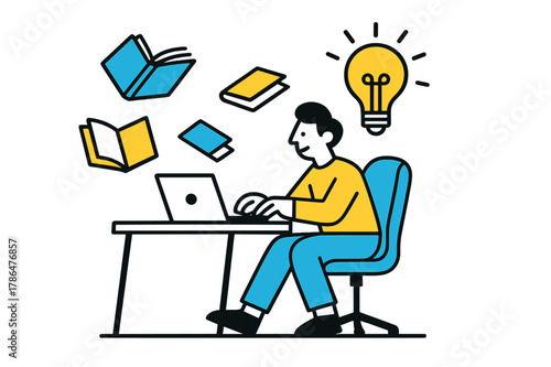Minimalist Floating Workspace. Creating a minimalist workspace with a comfortable chair, surrounded by floating books and a laptop on a clean desk, with a