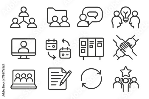 Collaborative Icons Grid. Collaboration. Line icon set of Collaboration: people connecting lines, shared folder, chat bubble, brainstorming, video call,