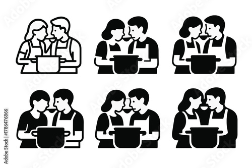 Couples Cooking Logos. Couples cooking together in the kitchen. Set Logo of couples cooking together in the kitchen: couple tasting soup with one shared spoon.