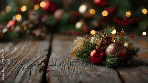 Christmas ornaments and pine cones on rustic wooden surface