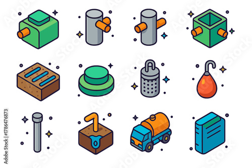 Colorful Septic System Icons. Septic systems. Colorful isometric vector icons set of Septic systems: septic tank, inlet baffle, outlet baffle, distribution